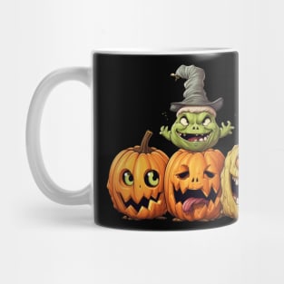 Three Halloween Pumpkins with Different Expressions and a Witch Mug